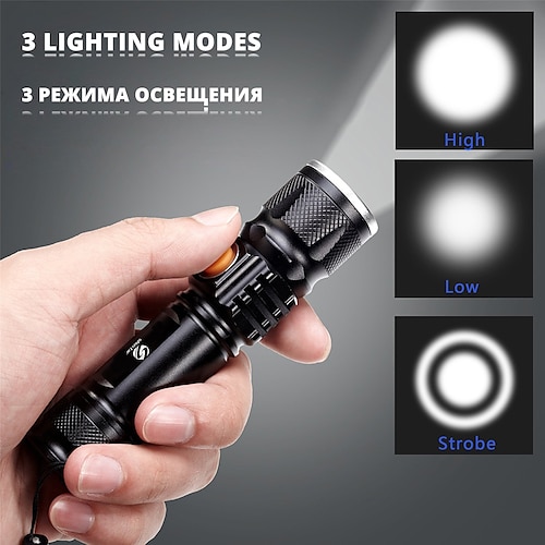  Super bright Rechargeable LED Flashlight With Tail USB Charging Head Zoomable waterproof Torch Portable light 3 Lighting modes Built-in battery