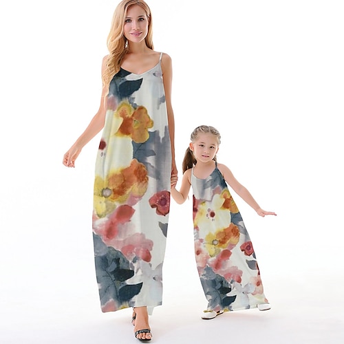 

Mommy and Me Dresses Floral Causal Backless Rainbow Sleeveless Maxi Strap Dress Active Matching Outfits