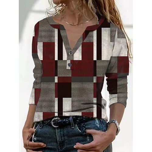 

Women's T shirt Tee Color Block Geometric Causal Daily Sports T shirt Tee Long Sleeve Vintage Print V Neck Active Streetwear Green Blue Purple S / 3D Print