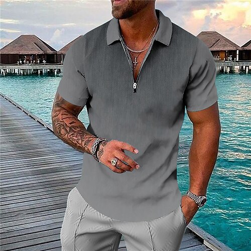 

Men's Collar Polo Shirt Golf Shirt Gradient Turndown Gray 3D Print Outdoor Street Short Sleeves Zipper Print Clothing Apparel Fashion Designer Casual Breathable / Summer / Spring / Summer