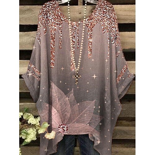 

Women's T shirt Tee Shirt Gray Leaves Asymmetric Print 3/4 Length Sleeve Holiday Beach Casual Beach Round Neck Long Floral S