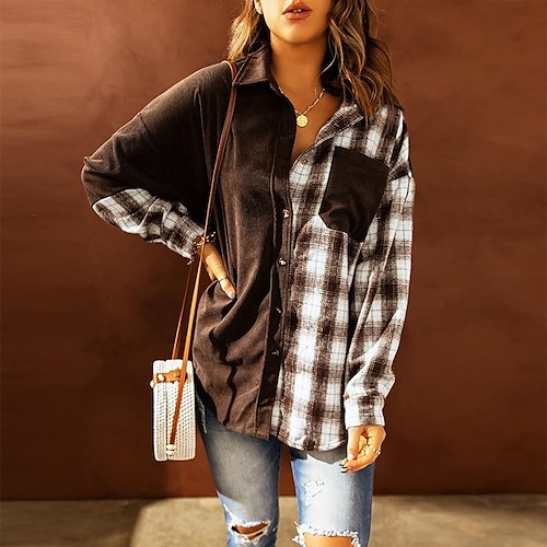 

Cardigan top women's spring and autumn new single-breasted plaid hit color corduroy long-sleeved shirt women