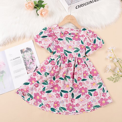 

Kids Toddler Little Girls' Dress Floral Daily Vacation Backless Patchwork Puff Sleeve Pink Knee-length Short Sleeve Vacation Cute Dresses Summer Regular Fit 1pcs 2-8 Years