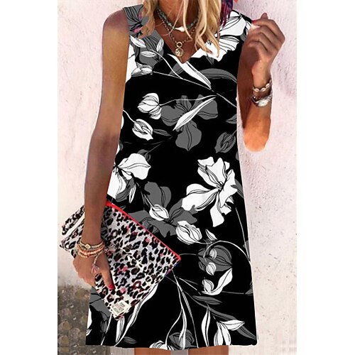 

Women's Shift Dress Short Mini Dress Black Sleeveless Floral Print Spring Summer V Neck Casual Vacation 2022 S M L XL XXL 3XL