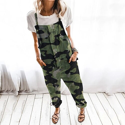 

Women's Overall Pocket Print Camo / Camouflage Square Neck Active Street Daily Regular Fit Strap Green S M L Spring