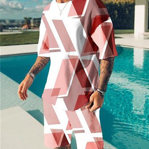 

Men's Shorts and T Shirt Set T-Shirt Outfits Graphic Geometric Crew Neck Pink Khaki Red 3D Print Street Daily Short Sleeve Print Clothing Apparel 2pcs Basic Fashion Lightweight Casual / Summer