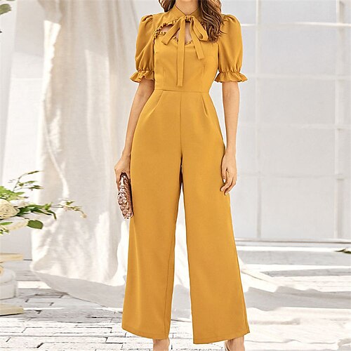 

Women's Jumpsuit Cut Out Solid Color Crew Neck Casual Holiday Going out Regular Fit Short Sleeve Yellow S M L Fall