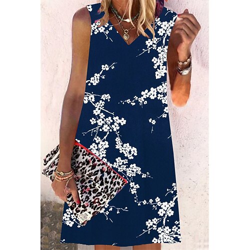 

Women's Shift Dress Short Mini Dress Navy Blue Sleeveless Floral Print Spring Summer V Neck Casual Vacation 2022 S M L XL XXL 3XL