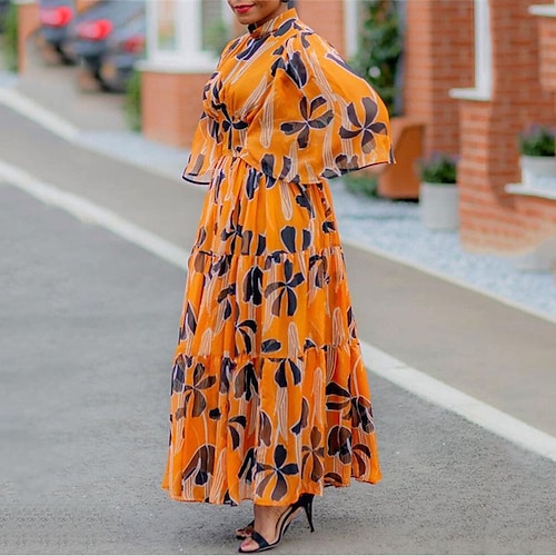 

Women's Plus Size Holiday Dress Floral Turtleneck Print 3/4 Length Sleeve Fall Spring Vintage Maxi long Dress Date Vacation Dress