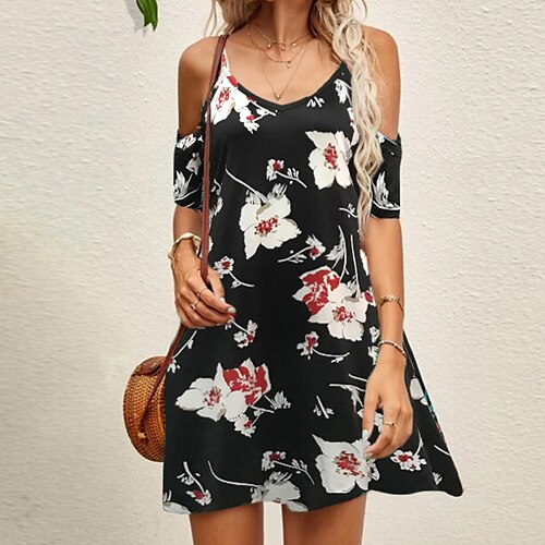 

Women's Floral Dress Short Mini Dress Green Black Brown Short Sleeve Floral Cold Shoulder Print Spring Summer Spaghetti Strap Casual 2022 S M L XL XXL