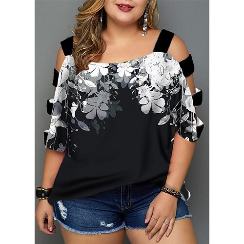 

Women's Plus Size Tops Blouse Shirt Floral Cut Out Print Half Sleeve V Neck Streetwear Daily Going out Polyester Fall Spring White Black