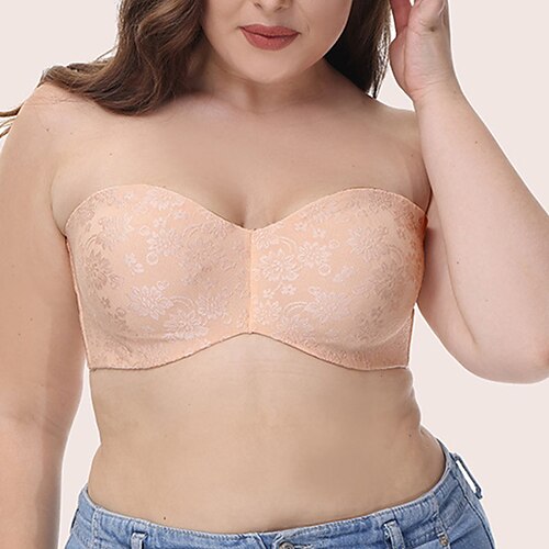 

Women's Padded Bras Tube Bra Strapless Bras Full Coverage V Neck Breathable Push Up Invisible Pure Color Flower / Floral Hook & Eye Date Party & Evening Polyester Sexy 1PC Orange / Plus Size / 1 PC