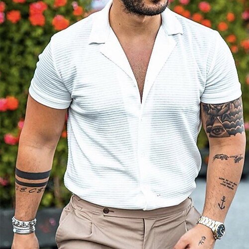 

Men's Shirt Striped Turndown Street Daily Button-Down Short Sleeve Tops Casual Fashion Comfortable Beach White