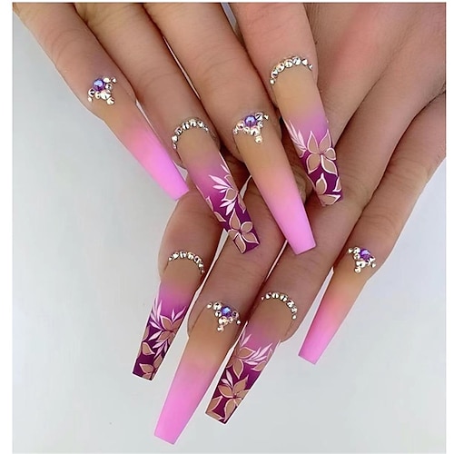 

24pcs European and American Ins Wind Gradient Flowers Purple Diamond Wear Manicure Nail Stickers Removable High-end Exquisite Nail Stickers