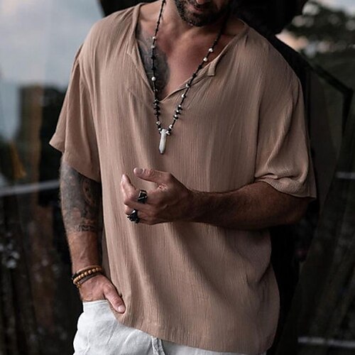 

Men's T shirt Tee Solid Color V Neck Street Casual Short Sleeve Tops Basic Fashion Classic Comfortable Khaki / Summer