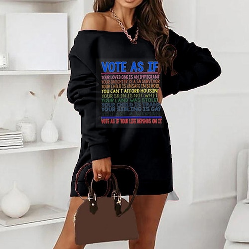 

Women's Shift Dress Short Mini Dress Black Long Sleeve Letter Fake two piece Print Fall Spring Crew Neck Casual Vacation 2022 S M L XL XXL 3XL