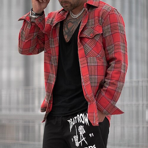 

Men's Shirt Print Plaid Turndown Street Daily Button-Down Long Sleeve Tops Casual Fashion Comfortable Wine / Beach