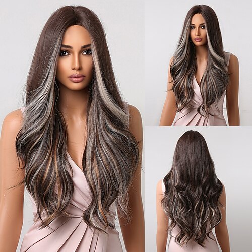 

HAIRCUBE Balayage Hair 24 Inch Ombre Brown Long Natural Wavy Synthetic Wigs for Women Daily