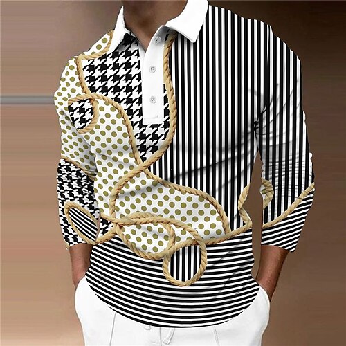 

Men's Collar Polo Shirt Golf Shirt Houndstooth Striped Turndown Blue Wine Gray Black 3D Print Casual Daily Long Sleeve Button-Down Print Clothing Apparel Fashion Designer Casual Breathable / Sports