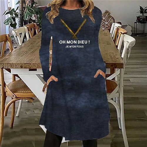 

Women's Shift Dress Knee Length Dress Blue Long Sleeve Color Gradient Letter Pocket Print Fall Spring Crew Neck Casual Vacation 2022 S M L XL XXL 3XL