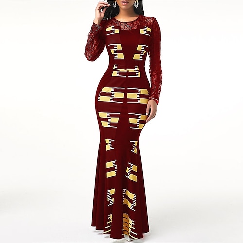 

Women's Party Dress Lace Dress Bodycon Long Dress Maxi Dress Green Blue Wine Long Sleeve Color Block Lace Winter Fall Autumn Crew Neck Fashion Party Winter Dress Fall Dress 2022 S M L XL XXL 3XL 4XL