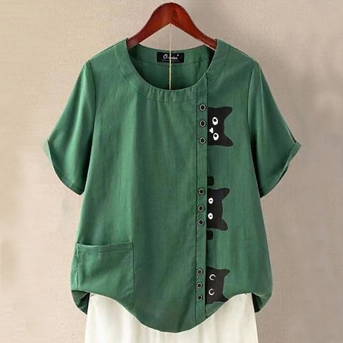 

Women's Plus Size Tops Blouse Shirt Cat Animal Button Print Short Sleeve Crewneck Vintage Daily Going out Cotton Spring Summer Green