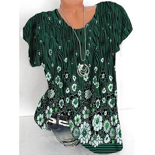 

Women's Plus Size Tops T shirt Tee Floral Print Short Sleeve Crewneck Streetwear Daily Sports Cotton Spandex Jersey Spring Summer Green Gray