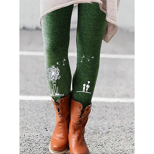 

Women's Tights Leggings Green Grey Black Mid Waist Fashion Designer Tights Daily Print High Elasticity Full Length Tummy Control Dandelion S M L XL 2XL / Skinny