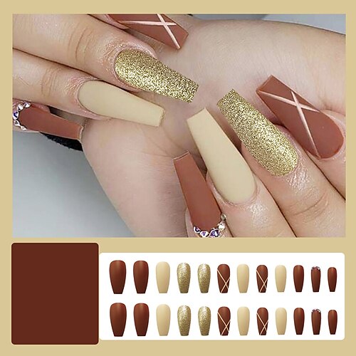 

24pcs Yaojin Point Drill Long Wearable European and American Coffin Armor Striped Foreign Trade Hot Selling Coffee Color Fake Nails Ballet Armor