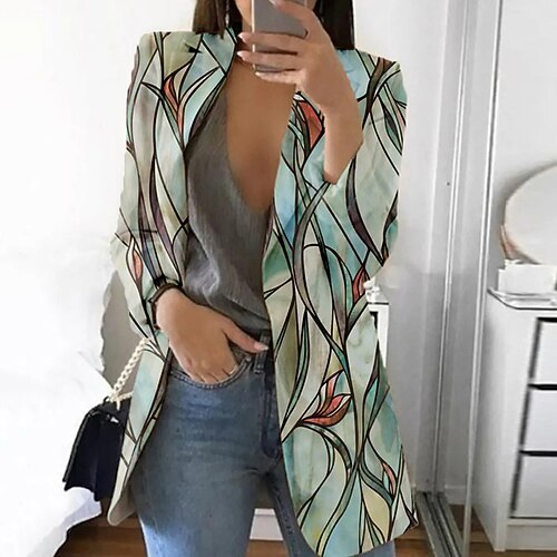 

Women's Blazer Office Street Work Spring Fall Regular Coat Regular Fit Breathable Stylish Formal Style Modern Style Jacket Long Sleeve Leaf with Pockets Print Green Blue Purple