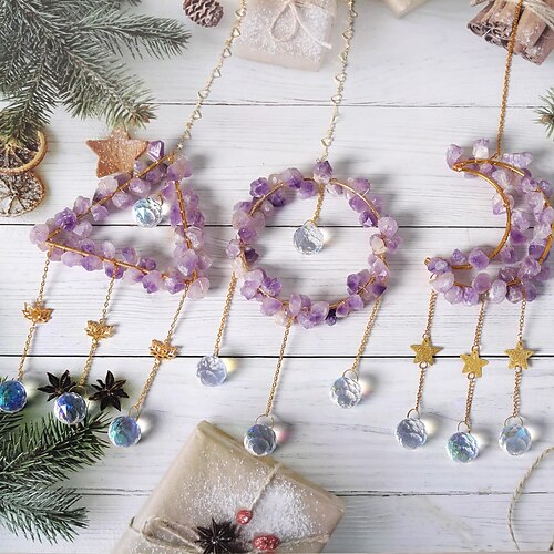 

Purple Crystal Dream Catcher Gift Star Moon Ring Sun Catcher Wind Chime Ornament Wall Hanging Decor Art Creative Home Pendant