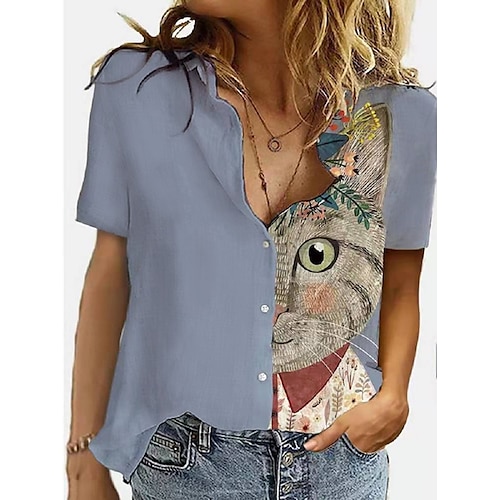 

Mujer Camisa Azul Piscina Gato Retazos Estampado Manga Corta Casual Diario Casual Estilo playero Cuello Camisero Regular Gato 3D S