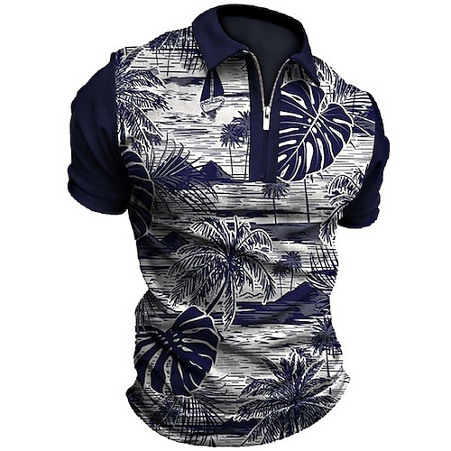 

Men's Collar Polo Shirt Golf Shirt Coconut Tree Turndown Navy Blue 3D Print Outdoor Street Short Sleeves Zipper Print Clothing Apparel Fashion Designer Casual Breathable / Summer / Spring / Summer