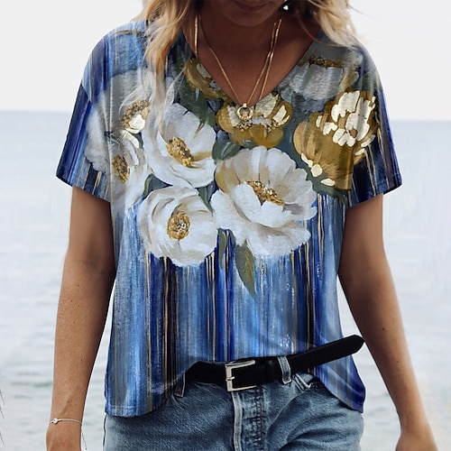 

Women's T shirt Tee Floral Casual Holiday Weekend Floral Painting T shirt Tee Short Sleeve Print V Neck Basic Essential Blue Purple S / 3D Print