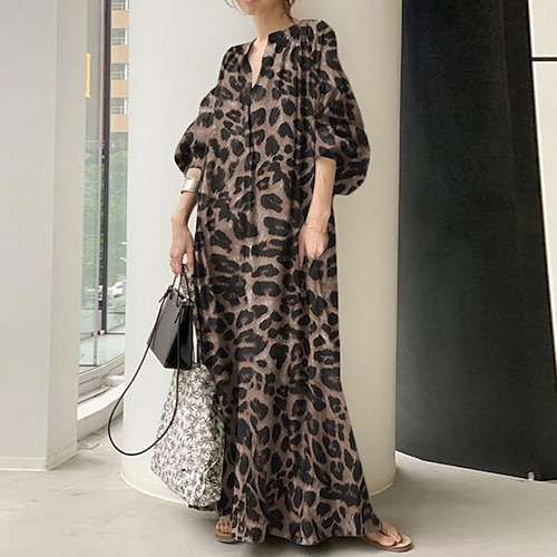 

Dame Uformell kjole Skiftkjole Lang kjole Maxikjole Svart Gul Brun Halvlange ermer Leopard Lomme Sommer Vår V-hals Mote Løstsittende 2023 S M L XL 2XL 3XL 4XL