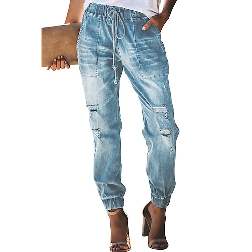

Women's Joggers Jeans Cuffed Cargo Denim Blue Light Blue Black Mid Waist Fashion Casual Weekend Side Pockets Cut Out Micro-elastic Ankle-Length Comfort Plain S M L XL XXL