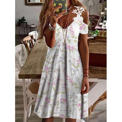 

Femme Robe casual Manche Courte Printemps Eté Dentelle Accueil froid Imprimer Floral Col V 2022 Bleu Vert Claire Bleu de minuit Rouge Blanche S M L XL XXL 3XL