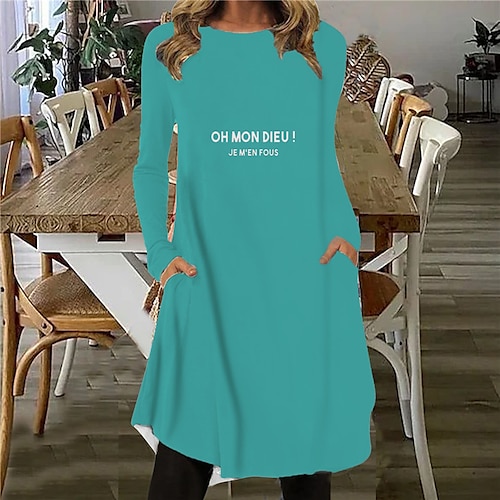 

Women's Shift Dress Knee Length Dress Blue Gray Brown Long Sleeve Color Gradient Letter Pocket Print Fall Spring Crew Neck Casual Vacation 2022 S M L XL XXL 3XL