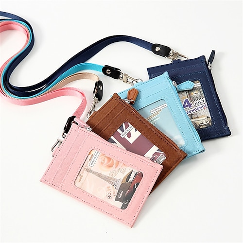 

Leather Short Wallet Women Casual Lanyard Small Purse Men Pu Slim Thin Business ID Card Bag with Hanging Rope