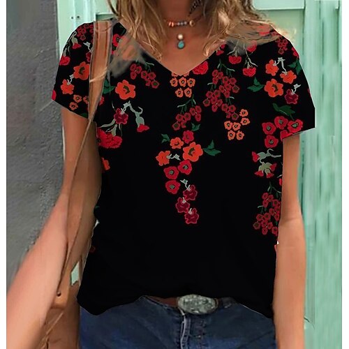 

Women's T shirt Tee Flower Casual Floral T shirt Tee Short Sleeve Print V Neck Vintage Green S / 3D Print