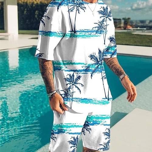 

Men's T-shirt Suits Tennis Shirt Graphic Tropical Crew Neck Blue Yellow Light Blue White 3D Print Street Daily Short Sleeve Print Clothing Apparel 2pcs Basic Fashion Lightweight Casual / Summer