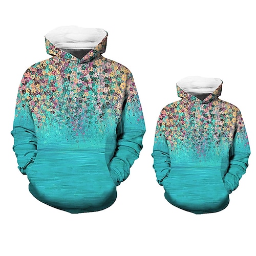 

Mommy and Me Hoodie Floral Sports Outdoor Print Green Blue Long Sleeve Active Matching Outfits