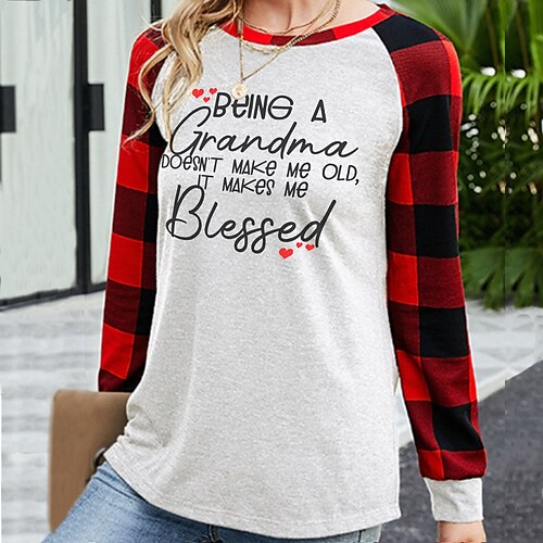 

Women's T shirt Tee Plaid Text Casual Weekend Painting T shirt Tee Long Sleeve Print Round Neck Basic Essential White Black Gray S