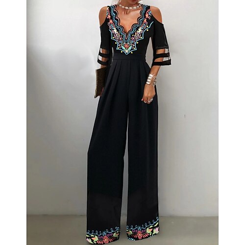 

Women's Jumpsuit Floral V Neck Elegant Party Prom Straight Regular Fit 3/4 Length Sleeve Black S M L Spring