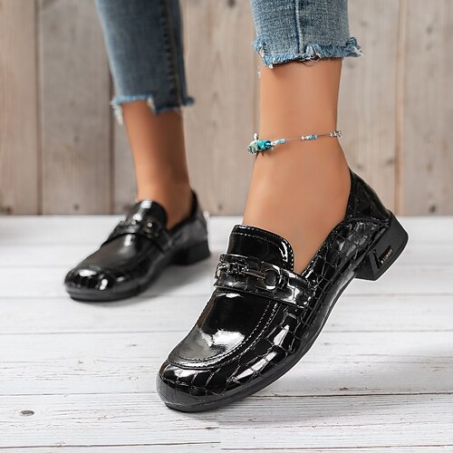 

Women's Loafers Classic Loafers Block Heel Round Toe Preppy PU Leather Loafer Solid Colored Black