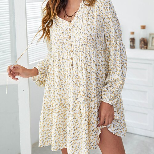 

Women's Shirt Dress Short Mini Dress Black Yellow Light Green Beige Long Sleeve Floral Ruched Button Print Fall Spring V Neck Casual 2022 S M L XL XXL