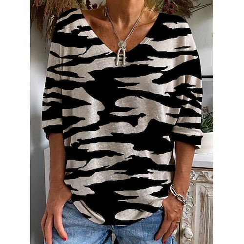 

Mulheres Camiseta Preto Zebra Imprimir Manga 3/4 Casual Diário Básico Decote V Padrão Pintura S