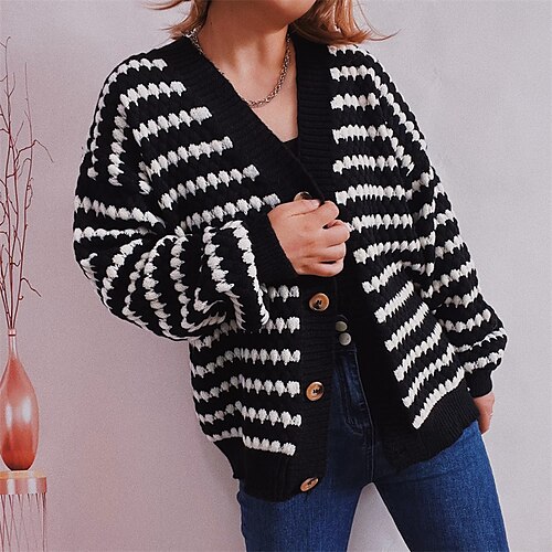 

Women's Cardigan Sweater Jumper Cable Knit Knitted Striped V Neck Stylish Casual Daily Outdoor Fall Winter Green Black S M L / Long Sleeve