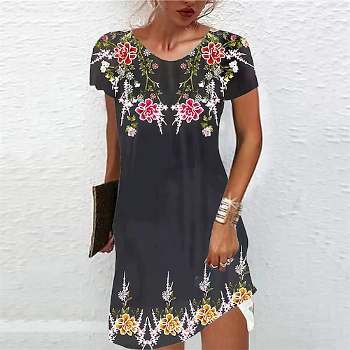 

Women's A Line Dress Knee Length Dress White Black Yellow Wine Red Short Sleeve Floral Print Spring Summer Round Neck Casual 2022 S M L XL XXL