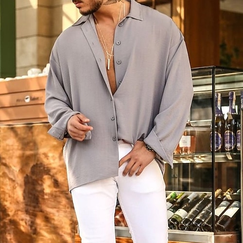 

Men's Shirt Solid Color Turndown Street Daily Button-Down Long Sleeve Tops Designer Casual Fashion Comfortable Gray